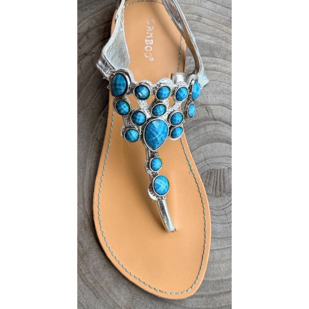 Bamboo Silver Metallic Rhinestone Gem Flat Sandals Womens SZ 10
